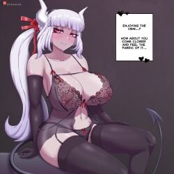 1girls big_breasts dialogue helltaker horns looking_at_viewer lucifer_(helltaker) tehhank