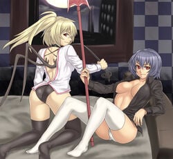 arm_support ass beige_skin black_hair black_legwear blonde_hair breasts closed_mouth clothes color female female_only flandre_scarlet hair holding houtengeki indoors kneeling long_hair looking_at_viewer looking_back multiple_females open_clothes open_eyes open_shirt red_eyes remilia_scarlet short_hair sitting spear stockings thighhighs touhou white_legwear wings