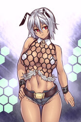 antennae bee_girl breasts denim denim_shorts fishnet_top fishnets honeycomb_background houtengeki insect_girl large_breasts navel red_eyes silver_hair tagme thigh_gap thighs