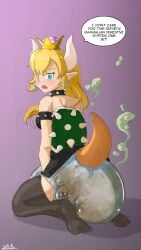 1girls blonde_hair blue_eyes bowsette diaper full_diaper fully_clothed light_skin mario_(series) nintendo scat shit sitting_on_floor stinky super_mario_bros. text text_bubble