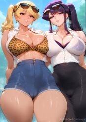 2girls ai_generated ass big_ass big_breasts bikini black_hair blonde_hair bra brown_eyes cameltoe curvaceous curvy curvy_female curvy_figure dark-skinned_female earrings female female_only fully_clothed gyaru horny horny_female huge_breasts jean_shorts komi-san_wa_komyushou_desu komi_shouko large_breasts leopard_print light-skinned_female looking_at_viewer manbagi_rumiko mature_female orange_bikini pale_skin patreon patreon_username pressing_breasts purple_bikini purple_eyes purple_hair shirt slim_waist smirk smirking_at_viewer sogo sunglasses sunglasses_on_head tanline tanline_peek tanlines thick_thighs tight_clothing wholesome wide_hips