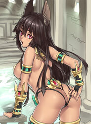 1girls animal_ears anubis_(houtengeki) armlet ass back_view backboob bathhouse bent_over breasts brown_hair color cropped_legs egyptian female female_only fur furry_ears hair houtengeki indoors long_hair looking_at_viewer looking_back looking_over_shoulder open_eyes open_mouth original panty_pull pink_eyes pointy_ears rear_view red_eyes sideboob solo tan_skin