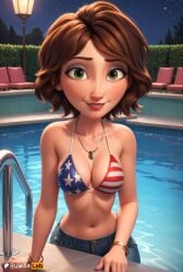 1girls ai_generated american_flag_bikini aunt aunt_cass big_hero_6 bikini bikini_top_only bracelet breasts brown_hair cass_hamada cleavage denim disney flag_print freckles green_eyes hi_res jeans jewelry looking_at_viewer marvel medium_breasts milf navel necklace night no_shirt open_mouth outdoors pool pool_ladder poolside rule34lab short_hair sky smile solo star_\(sky\) swimsuit water wet