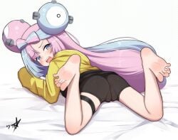 :d anus ass bare_legs barefoot bed_sheet bike_shorts black_shorts blue_eyes blue_hair blunt_ends blush boppin cameltoe commission crotch_seam eyelashes feet feet_up female from_behind full_body highres hood hood_down hooded_jacket iono_(pokemon) jacket legs long_hair long_sleeves looking_at_viewer magnemite multicolored_hair open_mouth paid_reward_available parted_bangs pink_hair pokemon pokemon_sv see-through_clothes see-through_shorts sharp_teeth shorts signature skindentation smile soles solo teeth thigh_strap toes two-tone_hair very_long_hair yellow_jacket