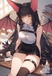 ai_generated bat_ears bat_wings batatvideogames_(moriko_kyoho) bottom_heavy chest_harness fingerless_gloves office_lady short_skirt sitting sitting_on_desk thick_thighs thighhighs thighs