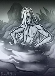 1boy 2d 2d_(artwork) artist_name censored covered_penis digital_art digital_media_(artwork) gozal_the_necromancer hot_spring long_hair long_hair_male male male_only monochrome muscular_male onsen original original_artwork original_character panovmax(artist) partially_submerged water wet wet_body wet_hair wet_skin white_hair white_hair_male