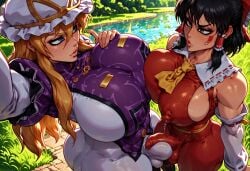 2futas ai_generated black_hair blonde_hair blue_eyes breasts clothed_futanari cummandre futa_on_futa futanari huge_breasts large_breasts long_hair reimu_hakurei short_hair touhou yukari_yakumo