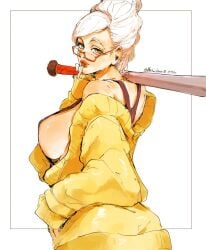 ayase_seiko baseball_bat big_ass big_breasts bon_drawr cigarette cigarette_in_mouth dandadan grandmother jacket large_breasts looking_at_viewer orange_eyes sideboob white_hair