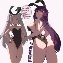 2girls artist_name ass bangs big_breasts blush breasts bunny_ears bunny_girl bunny_tail bunnysuit cuffs_(clothing) detached_cuffs elf elf_ears elf_female fake_animal_ears fake_animal_tail fake_bunny_ears fake_bunny_tail female female_focus female_only fern_(sousou_no_frieren) frieren frimmel from_behind green_eyes hand_on_hip hands_on_hips large_breasts long_hair looking_at_another looking_at_viewer looking_back multiple_girls pointy_ears purple_eyes purple_hair simple_background sousou_no_frieren thick_thighs thighs twintails white_background white_hair