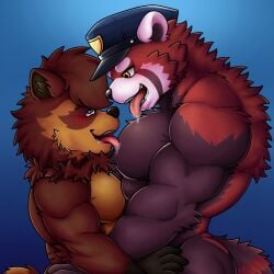 ailurid anthro aroused aroused_face aroused_male bedroom_eyes biceps black_eyebrows blue_eyes brown_body brown_fur changed_(video_game) duo duo_male fur hand_on_partner's_hip hat hat_only head_tuft hi_res interspecies joaquin_quaty licking licking_partner male/male male_only mammal multicolored_body multicolored_fur muscular muscular_anthro muscular_male nude nude_anthro nude_male open_mouth police_hat procyonid red_body red_fur red_panda red_panda_(changed) rjquaty saliva saliva_drip saliva_on_pecs simple_background size_difference tail teeth_showing tongue_out white_ears white_eyebrows yellow_eyes