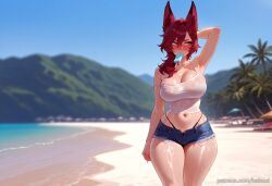 ai_generated animal_ears armpits balecxi beach blurry blurry_background blush cleavage day denim denim_shorts female food hair_between_eyes highleg large_breasts league_of_legends micro_shorts navel outdoors popsicle popsicle_in_mouth red_hair short_shorts sky solo strap_slip thighs tree wet xayah