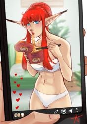 1girls beautiful blue_eyes blush breasts cute cute_face eating eiselin_hulkenberg female female_focus hulkenberg long_ears long_hair metaphor:_refantazio panties phone_camera picture ponytail ramen red_draws red_hair thighs underwear white_underwear