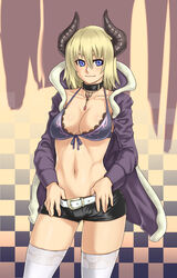 beige_skin beltshorts black_shorts blonde_hair blue_eyes bra breasts choker closed_mouth clothes coat color demon_girl female female_only front_view hair horns houtengeki jacket lace-trimmed_bra looking_at_viewer midriff navel open_eyes short_shorts shorts smile solo standing stockings thighhighs white_legwear