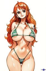 ai_generated areola_slip bikini breasts_out brown_eyes busty color huge_breasts large_breasts long_hair mini_bikini nami nami_(one_piece) narrow_waist orange_hair priestofart simple_background tagme tagme_(artist) tagme_(character) thick_thighs watercolor_(artwork) watermark white_background wide_hips