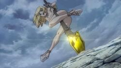 anime_screenshot ass blonde_hair cloud cloudy_sky dr._stone gold green_eyes kohaku_(dr._stone) kohaku_(dr.stone) long_hair non-web_source nude nude_filter open_mouth partially_visible_vulva polearm sky spear thick_thighs thighs third-party_edit weapon