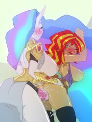 ahe_gao asking_for_it bigdad bimbo from_behind hi_res lesbian princess_celestia_(mlp) strap_on sunset_shimmer yuri