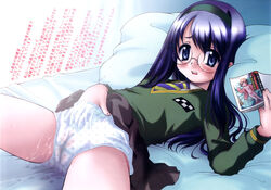 blue_eyes blue_hair blush female glasses long_hair lying manga_(object) masturbation mercy_rabbit panties school_uniform solo