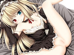 blonde_hair blush boku_wa_tomodachi_ga_sukunai censored female haryuu_(poetto) hasegawa_kobato heterochromia lolita_hairband looking_at_viewer nipples pussy spread_legs tied_hair twintails