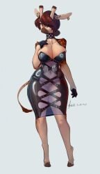 big_breasts big_hips brown_fur brown_hair dress female furry giraffe horns latex orginal_character sexy_dress shanher transparent_clothing