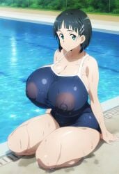 1girls ai_generated big_breasts black_hair blush breasts_bigger_than_head cleavage erect_nipples erect_nipples_under_clothes female female_only front_view green_eyes hime_cut huge_breasts kirigaya_suguha large_tits light-skinned_female light_skin mt_onizu nipples nipples_visible_through_clothing nude pool see-through see-through_clothing short_hair smiling solo sweat sweatdrop sword_art_online thick_body thick_female voluptuous voluptuous_female