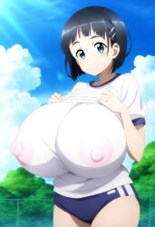 1girls ai_generated black_hair bloomers blush breasts_bigger_than_head erect_nipples erect_nipples_under_clothes female female_only green_eyes gym_clothes gym_clothing gym_uniform hairclip huge_breasts kirigaya_suguha leaving_pool light-skinned_female light_skin looking_at_viewer mt_onizu nipples_visible_through_clothing pool schoolgirl see-through see-through_clothing short_hair smiling solo sweat sword_art_online thick_body thick_female voluptuous voluptuous_female wet