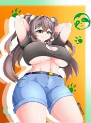 1girls :3 arms_behind_head arms_up belt big_breasts black_shirt blue_shorts breasts brown_eyes brown_hair buster-art closed_mouth_smile clothed commission commission_art curvy curvy_female curvy_figure denim denim_shorts female female_only hair_between_eyes hips huge_breasts long_hair looking_at_viewer low-angle_view orange_background pockets pom_pom_(clothes) pom_poms shirt short_shirt shorts simple_background smile standing twintails twitter_user_oc viewed_from_below white_pom_poms wide_hips