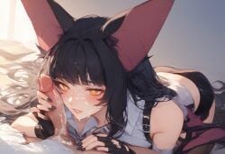 after_fellatio ai_generated bat_ears bat_wings batatvideogames_(moriko_kyoho) blush chest_harness cum cum_drip cum_on_face facial fingerless_gloves holding_penis looking_at_partner looking_at_viewer office_lady