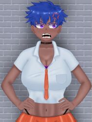 1girls against_wall anger anger_symbol anger_vein angry angry_expression angry_eyes angry_face averting_eyes black_choker blue_hair breast_pocket brick_wall brown_lips brown_lipstick choker cleavage creatures_(company) crop_top dark-skinned_female dark_skin earrings eddarxart fangs female_focus first_person_view foreground_silhouette furry_male game_freak hands_on_hips highleg_panties human_on_anthro hypno hypnotizing kabedon large_breasts larger_female lipstick looking_to_the_side mole mole_under_eye mole_under_mouth moles nyantcha orange_shorts orange_tie original_character pendulum pendulum_swinging pixie_cut pixie_cut_female point_of_view pokemon pokemon_(species) pokemon_sv pokephilia pov purple_eyes school_uniform schoolgirl short_hair shorts silhouette smaller_male tie tomboy toned toned_belly toned_female undershirt very_short_hair you_gonna_get_raped zoraida_(nyantcha)