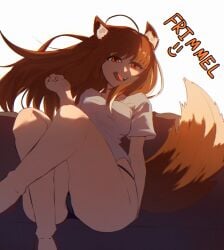 1girls animal_ears animal_tail artist_name bangs brown_hair clothed clothing female female_focus female_only frimmel holo kemonomimi long_hair looking_at_viewer red_eyes shirt spice_and_wolf tail thick_thighs thighs tongue tongue_out wolf_ears wolf_girl wolf_tail wolfgirl