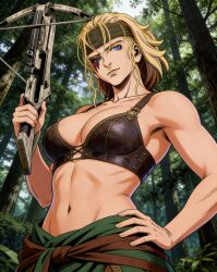 abs ai_generated armpit athletic_female bandana belly belly_button big_boobs big_breasts big_tits blonde-haired_female blonde_female blonde_hair blonde_hair_female blue_eyes bra breasts collarbone crossbow doofusschlormpai fit_female forest forest_background half-dressed half_naked hand_on_hip headband hild_(vinland_saga) holding_crossbow hunter huntress large_boobs large_breasts large_tits leather_bra light-skinned_female light_skin low-angle_view manga manga_style mature_female mature_woman medieval nature_background navel nordic norse_woman outdoors outside pale-skinned_female pale_skin scar_across_eye sexy sexy_body sexy_female sexy_pose shirtless smirk stable_diffusion standing stomach toned_female topless topless_female tummy upper_body viking_female vinland_saga voluptuous_female