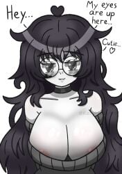 1girls artist big_breasts big_thighs black_hair blush choker cute depressed female female_only glasses katy_(katymoonart) katymoonart long_hair loving_gaze messy_hair not_porn oc original original_character solo solo_female stockings sweater text tired_eyes white_background white_body