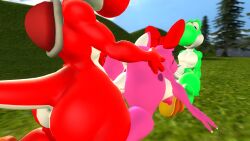 1girls 2boys 3d 3d_(artwork) ass big_ass big_breasts big_butt big_penis big_thighs birdo black_eyes blowjob bow breasts curvy eyeshadow female female/male/male half-closed_eyes kabalmystic_(style) male male/female/male male/male/female mario_(series) nintendo nipples outdoors penis purple_eyeshadow red_bow red_yoshi shoes sucking_penis tail thhypercombine12 thick thick_ass thick_butt thick_hips thick_thighs thighs threesome trio vaginal_penetration wide_hips yoshi