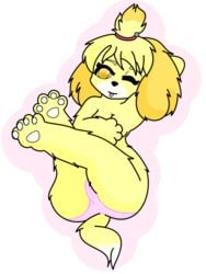 2013 animal_crossing anthro ass breasts canine cleavage dog female female_only fur isabelle_(animal_crossing) mammal nintendo panties pgm-m pussy solo straight_hair tongue_sticking_out white_panties winking