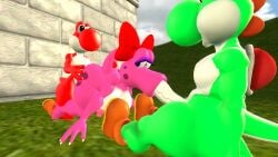 1girls 2boys 3d 3d_(artwork) ass ass_grab big_ass big_breasts big_butt big_penis big_thighs birdo black_eyes blowjob bow breasts butt_grab curvy eyeshadow female female/male/male grabbing_another's_ass half-closed_eyes kabalmystic_(style) male male/female/male male/male/female mario_(series) nintendo nipples outdoors penis purple_eyes purple_eyeshadow red_bow red_yoshi shoes sucking_penis tail thhypercombine12 thick thick_ass thick_butt thick_hips thick_thighs thighs threesome trio vaginal_penetration wide_hips yoshi