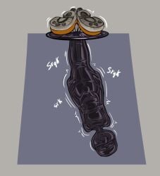 anthro avian beak bird black_latex bulge clothing footwear footwear_only hi_res latex male mostly_nude motion_lines mummification owl owy owy_(character) shoes shoes_only simple_background skinsuit solo sound_effects squeaking struggling tight_clothing tight_fit trapped_in_latex