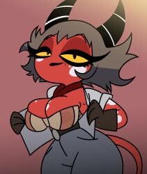 1girls 1milf bedroom_eyes big_breasts breasts clothed clothed_female clothing demon demon_girl demon_horns demon_milf demon_tail dr._pizza_boi female female_focus female_only gloves hellaverse helluva_boss horns imp imp_tail lin_(helluva_boss) looking_at_viewer mature mature_female milf mother red_body red_skin short_hair smile smiling smiling_at_viewer solo solo_female solo_focus tail vivienne_medrano vivziepop