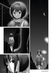 1futa 1girls 2d_(artwork) adult_and_teenager alone ayanakitori black_and_white black_eyes black_hair bushes carrying_bag clothed comic comic_panel dark_sky doujin doujinshi doujinshi_page drawing expressionless female female_with_futa full_comic full_video_at_source gate high_resolution highres image_set introvert legs looking_behind night night_time no_color noticing original original_characters out_of_frame out_of_order page_1 part_1 pathway schoolgirl schoolgirl_uniform skirt spying street_lights teenage_girl teenager walking white_skin