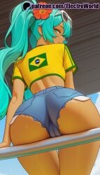 1girls 2025 ai_generated aqua_eyes aqua_hair artist_name ass brazilian_miku dark-skinned_female dark_skin electroworld eyewear_on_head female flower from_behind hair_flower hair_ornament hatsune_miku hi_res high_quality high_resolution highres long_hair patreon patreon_username shorts solo stable_diffusion sunglasses vocaloid watermark