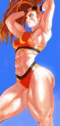 abs armpits arms_up bandaid bandaid_on_cheek bandaid_on_face biceps big_hair blue_background blue_eyes buruma captain_mizuki commentary english_commentary female from_below high_ponytail highres long_hair mashingvaquita muscular muscular_female obliques one-punch_man orange_hair orange_sports_bra parted_lips ponytail simple_background solo sports_bra standing sweat thick_thighs thighs tying_hair very_sweaty