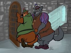 animal_genitalia animal_penis anthro anus ass balls baloobear bear belly belt big_belly big_butt bodily_fluids bottomless brown_bear bycocket canid canine canine_genitalia canine_penis canis clothed clothing disney duo erection footwear genital_fluids genitals hat hat_feather headgear headwear imminent_sex little_john looking_back looking_down loose_feather male male/male mammal medallion obese obese_anthro obese_male open_door overweight overweight_anthro overweight_male penis precum robin_hood_(disney) sheriff_of_nottingham shirt shoes smile standing star stone_wall tail tail_grab topwear tunic ursine wall_(structure) window wolf