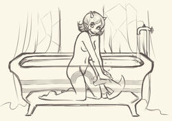 1girls bath black_hair black_lips breasts color_request female female_only homestuck horns monochrome ms_paint_adventures naked nipples scalemate sharp_teeth short_hair small_breasts smile solo terezi_pyrope troll vanillavalerian white_background