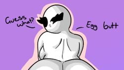 1girls ass ass_focus bald bald_female black_eyes black_text breasts chetoh claire_(chetoh) completely_nude egg english_text female female_focus female_only looking_at_viewer looking_back looking_back_at_viewer naked naked_female nude nude_female oc original original_character out_of_frame_censoring purple_background rear_view smile smiling smiling_at_viewer speaking speaking_to_viewer text white_body