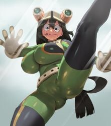 absurdres alternate_breast_size_(larger) asui_tsuyu black_eyes black_hair bodysuit boku_no_hero_academia breasts brown_gloves cameltoe commentary_request female from_below gloves green_bodysuit hair_between_eyes hair_rings hat highres huge_breasts impossible_bodysuit impossible_clothes kicking long_hair low-tied_long_hair mmmikedaya motion_lines my_hero_academia narisokonai solo standing standing_on_one_leg superhero_costume tongue tongue_out tsuyu_asui very_long_hair