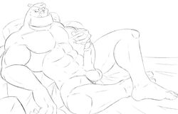 1boy balls bara barefoot bed dc erection foreskin furry furry_only green_lantern kilowog looking_at_viewer male male_only muscles muscular nude penis presenting solo toes