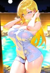 ai_generated blonde_hair blue_eyes child_bearing_hips eyeliner hi_res highres hot_spring large_ass large_breasts looking_at_viewer onsen original_character thick_thighs towel towel_only towel_wrap