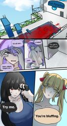 3girls black_hair blonde_hair blood blood_pool dark_hair gore gun marima666_(artist) purple_eyes purple_hair red_eyes swimming_pool water