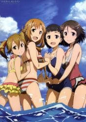 4girls absurd_res bikini bikini_skirt brown_hair highres holding_hands kirigaya_suguha lisbeth official_art one-piece_swimsuit orange_hair silica swimsuit sword_art_online wading watanabe_keisuke water yuuki_asuna