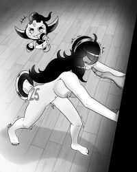 1girls black_and_white black_hair double_penetration greyscale hex_maniac hex_maniac_(pokemon_xy) hoopa hoopa_(confined) kinktober kinktober_2025 lfam naked naked_female nude nude_female octillery pokemon pokemon_xy tagme