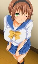 1girls ai_generated arms_at_sides big_breasts blush bowtie breast_focus breast_press breasts busty covering covering_crotch covering_pussy covering_self curvaceous curvy curvy_figure embarrassed erect_nipples erect_nipples_under_clothes female female_focus female_only flirting flirting_with_viewer fully_clothed gentle_smile green_eyes hair_ornament hairband holding_object holding_skirt huge_breasts japanese_clothes loafers looking_at_viewer mizushima_kaho nipple_bulge nipples one_eye_closed orange_hair pinup pixie_cut pleated_skirt puffy_nipples pulled_by_self rin_x_sen rin_x_sen_+_ran_-_sem_cross_mix sailor_collar sailor_uniform school_uniform schoolgirl serafuku shirt shoes short_hair shy skirt skirt_pull smile socks solo teen teenage_girl teenager voluptuous wink yellow_ribbon