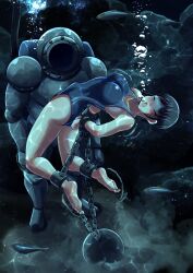1ambiguous 1girls akino_(foxeye) ambiguous_gender asphyxiation black_hair breasts captured chained chains closed_eyes collarbone diving_suit drowning female foxeye_(artist) iron_ball medium_breasts one-piece_swimsuit original original_character peril school_swimsuit shackles short_hair swimsuit underwater